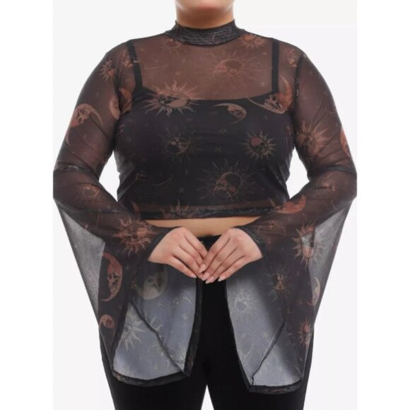 Cosmic Sheer Mesh Sun & Moon Skull Crop Top Size M Celestial Goth Witchy Emo Y2K - Picture 5 of 11